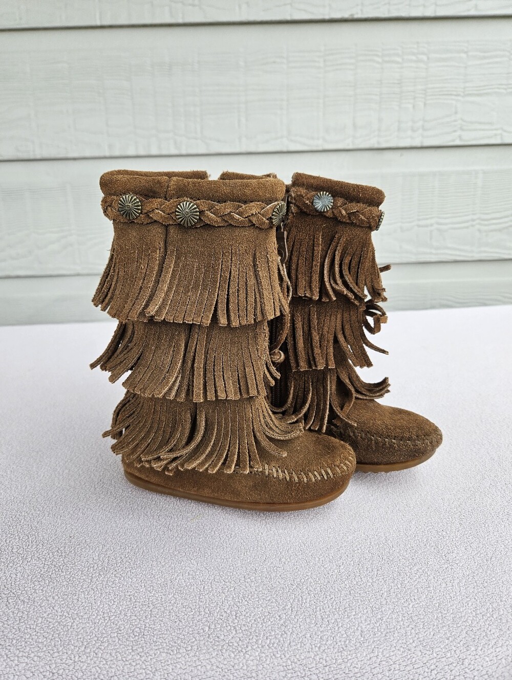 Minnetonka 3 Layer Triple Fringe Boot Moccasins Toddler SZ 7 Brown Leather